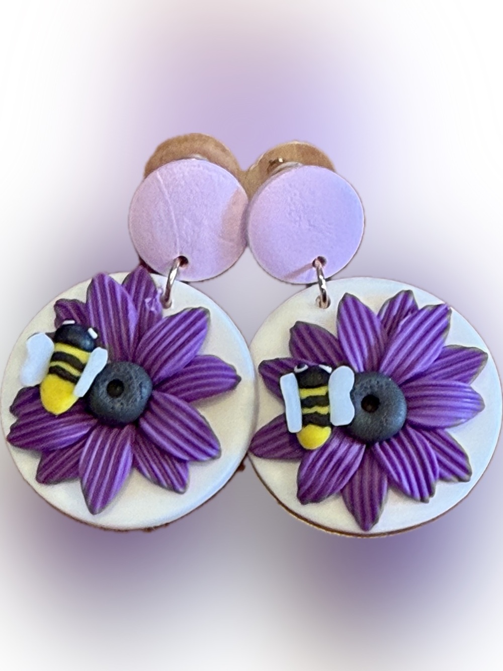 Handmade Purple Flower & Bee Clay Earrings - Playful Lilac Accent